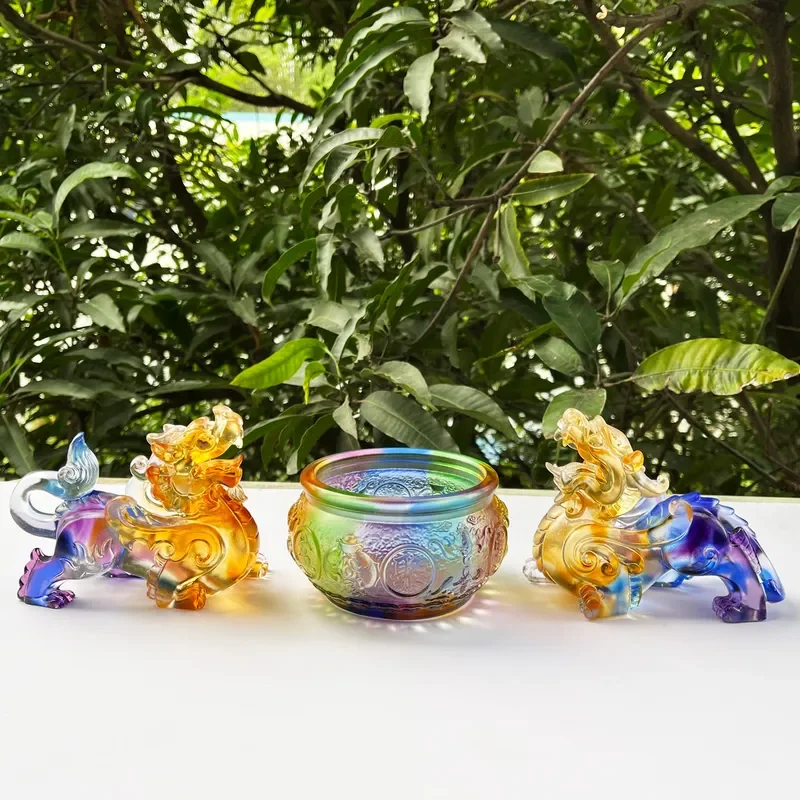 Vintage Glazed Pixiu Statue Wealth Attracting Ornament for Home Office Decor Chinese Mythical Beast Handicraft Gift Antique