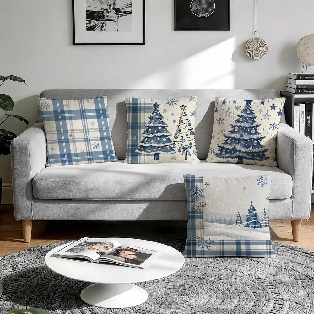 Blue Christmas Wall Art Cushion Cover 1/4Pcs Linen Throw Pillow Covers Double-Side Print Sofa Couch Living Room Decor