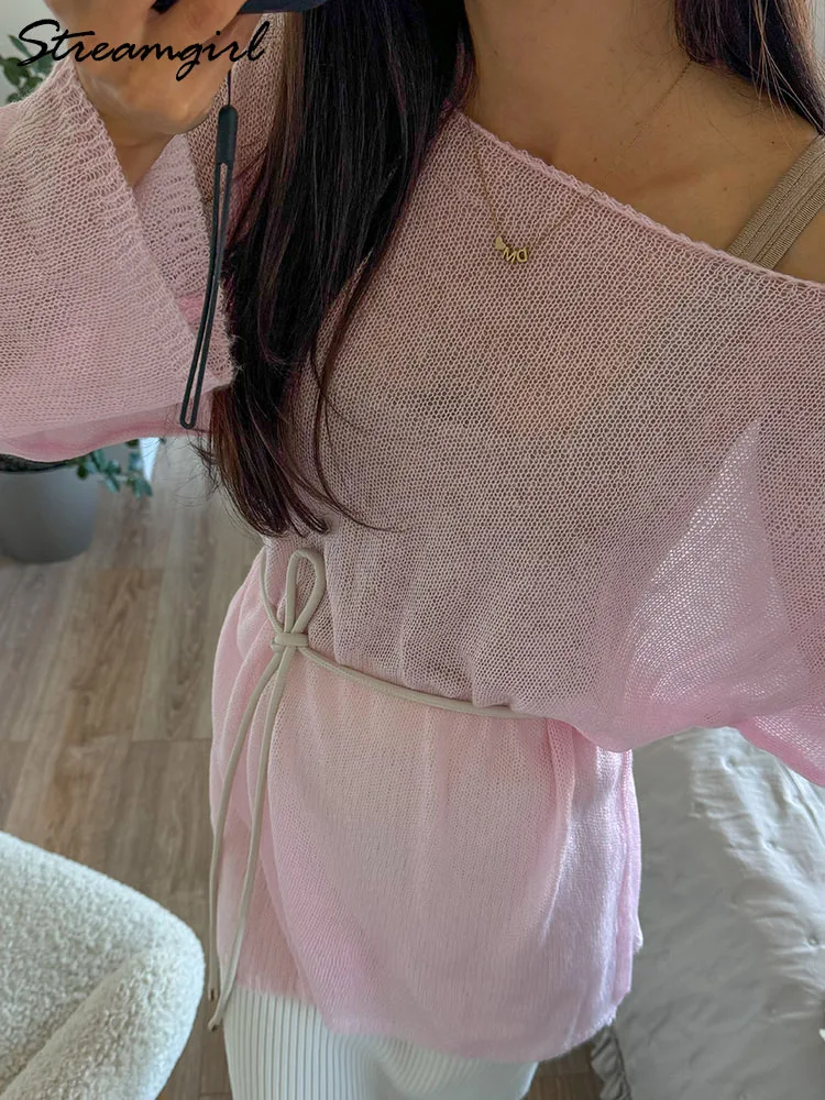 Women Summer Oversized Hollow Out Sweater Pink Loose Thin Pullover See Through Tops Long Sleeve Knitted Transparent Sweaters