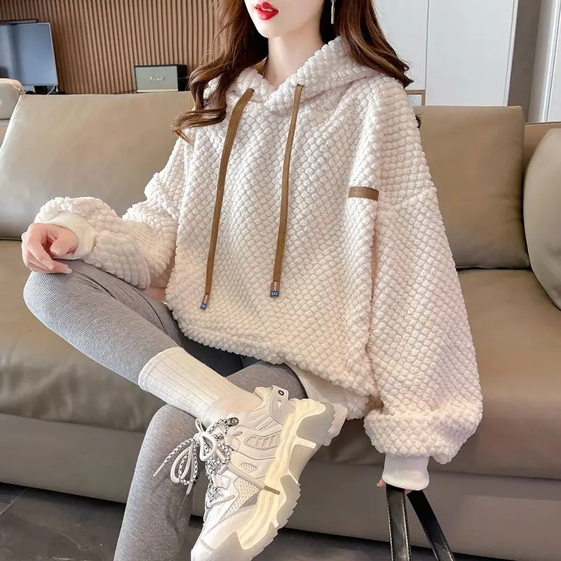 DAYIFUN Lamb Hair Hoodies Women's Autumn Winter Korean Loose Big Pocket Pullover Sweatshirts Cashmere Thickened Versatile Tops