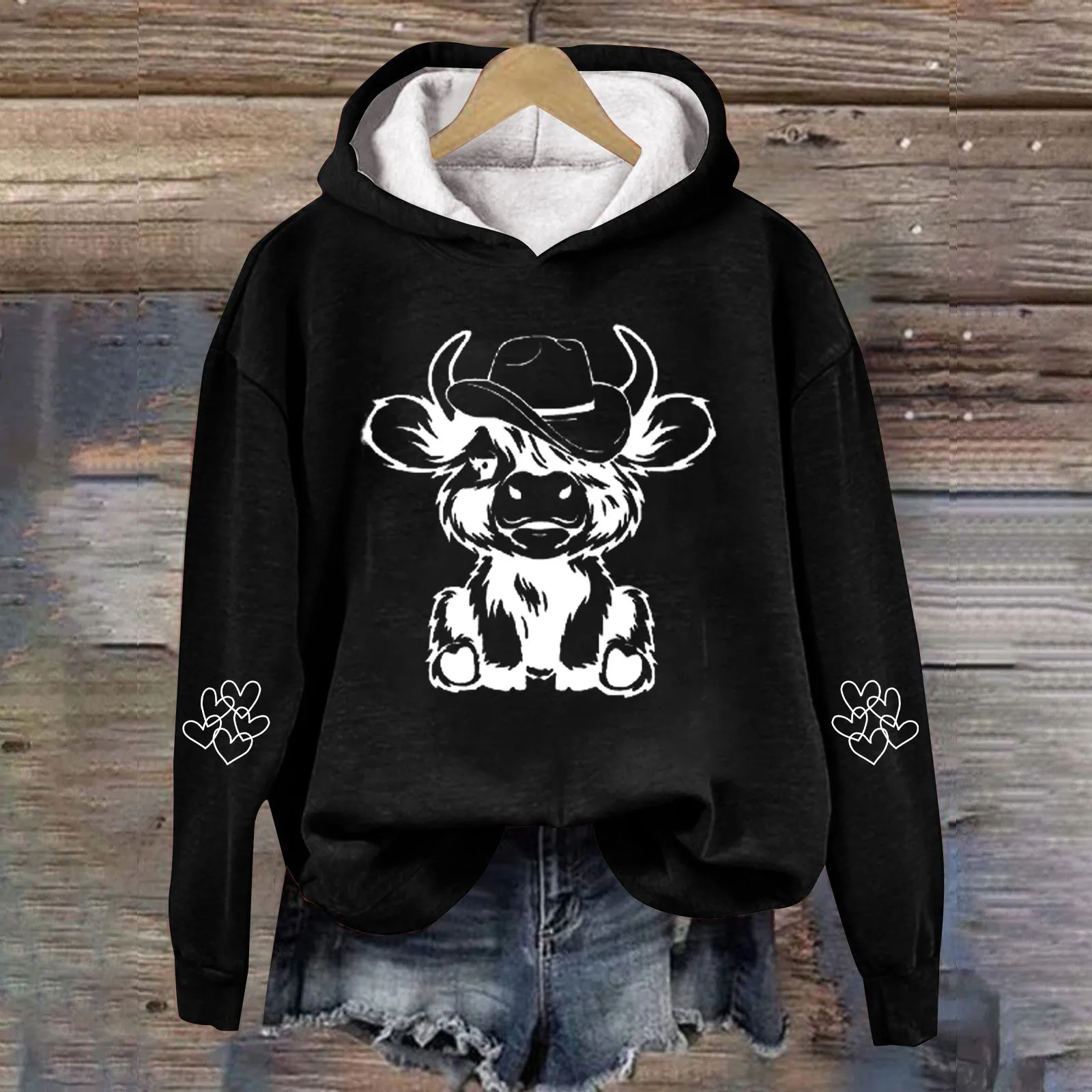 

Cow Sweatshirts for Women Cute Cow Sweatshirt for Women Western Cow Print Hoodie Country Western Casual Hooded Black Pullover