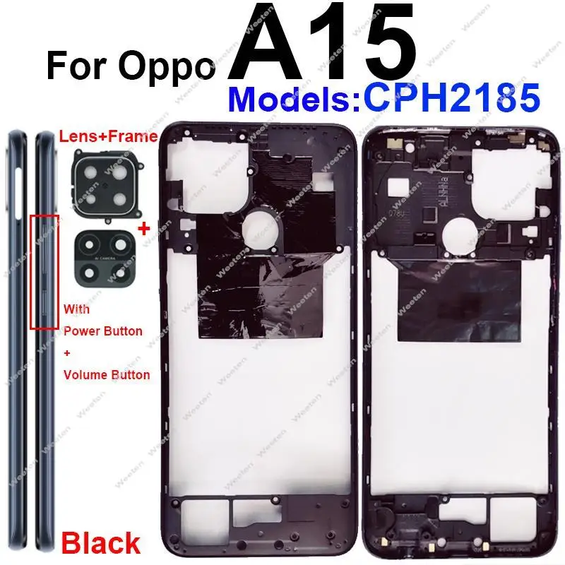 For OPPO A15 A15s Middle Housing Frame Bezel with Side Button Camera Frame Lens Replacement