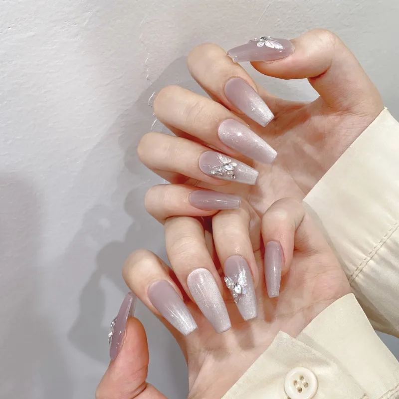 10 Stuks Handgemaakte Nude Kleur Cat Eye Verwijderbare Nep Nagels Diamanten Pers Op Nagels Met Ontwerp Korte Valse Nagels Voor Meisjes Dragen Nagel