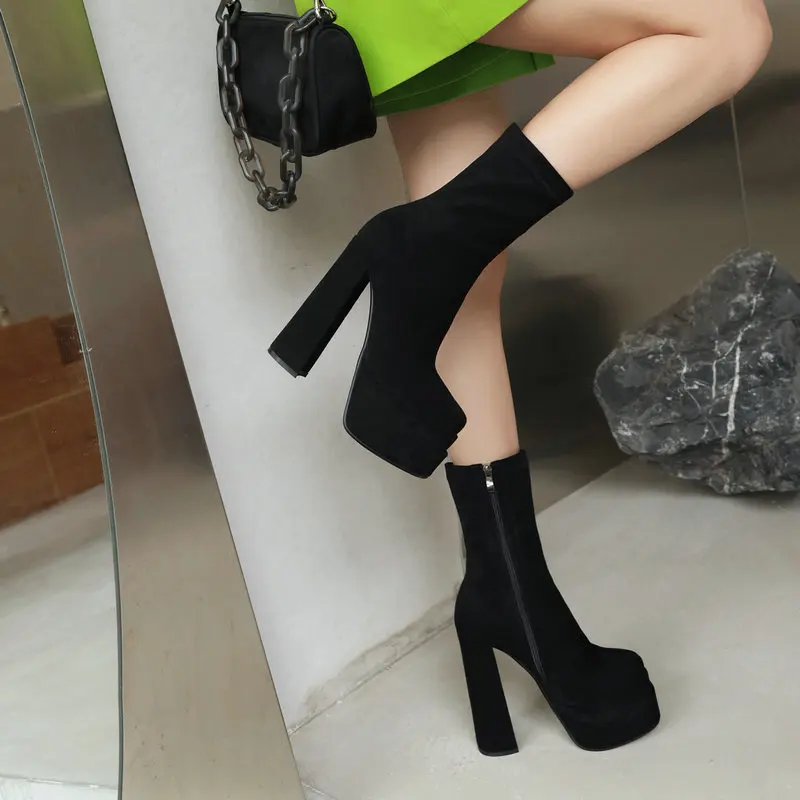 2022 Winter New Trendy Sexy Ladies Pumps Double Platform Pink Green Matte Flock Black Nude Block High Heels Ankle Stretch Boots