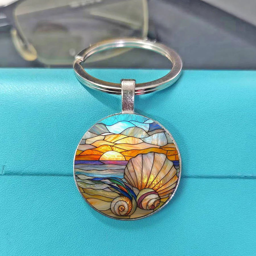 New Colorful Stained Glass Effect Keychain, Multi Pattern Round Glass Key Fob, Portable Car Key Backpack Decor Ornament Gift