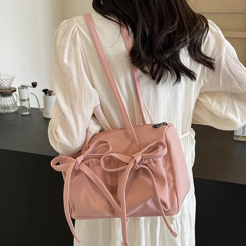 2024 New Bow Nylon Shoulder Bags Women Fashion Korean Large Capacity Lightweight Commuter Handbags Simple Casual Solid Tote Bags