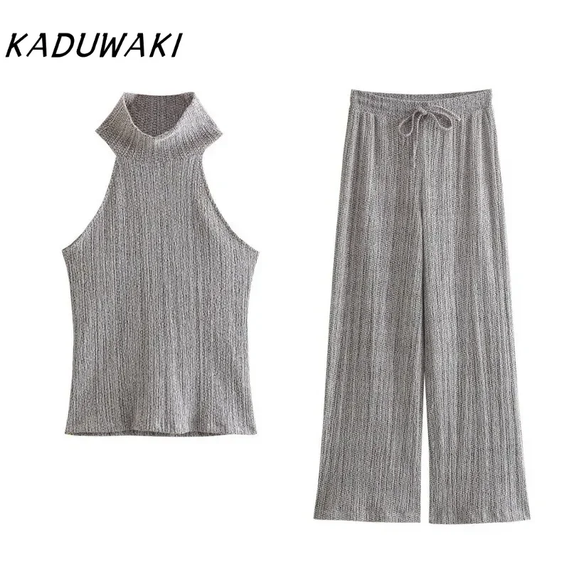 KADUWAKI Vintage Hanging Neck Collar Sleeveless Gray Top Casual Loose Elastic Waist Satin Pants Fashion Matching Sets Female