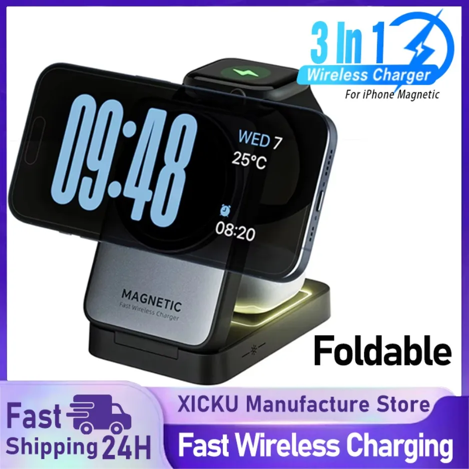 

Foldable 3 In 1 Magnetic Wireless Charger Stand For Magsafe iPhone 16 15 14 13 Apple Watch 2-9 Airpods Pro Fast Charging Station