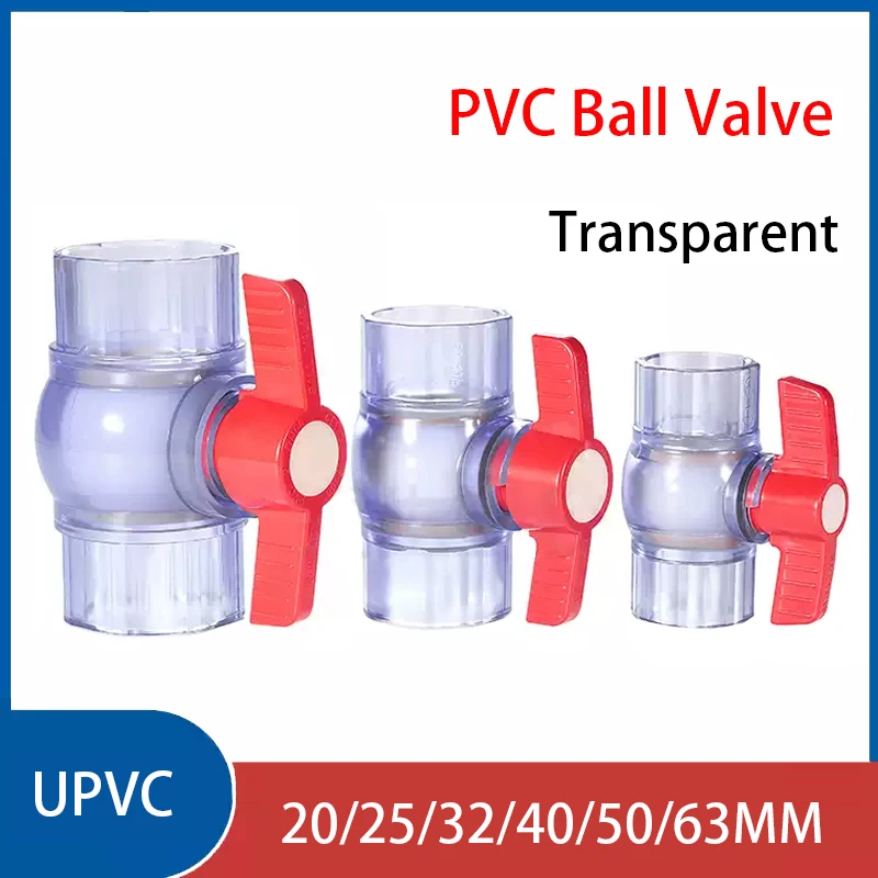 

1PCS 20/25/32/40/50/63/75mm Transparent UPVC Ball Valve Pipe Socket Ball Valve Aquarium Fish Tank Connectors Fittings