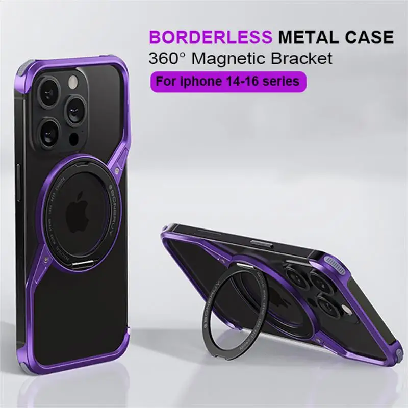 Luxury Magnetic 360° Rotating Bracket Metal Case For iPhone 14 15 16 Pro Max With Borderless Metal Cover For iPhone 15 ProMax