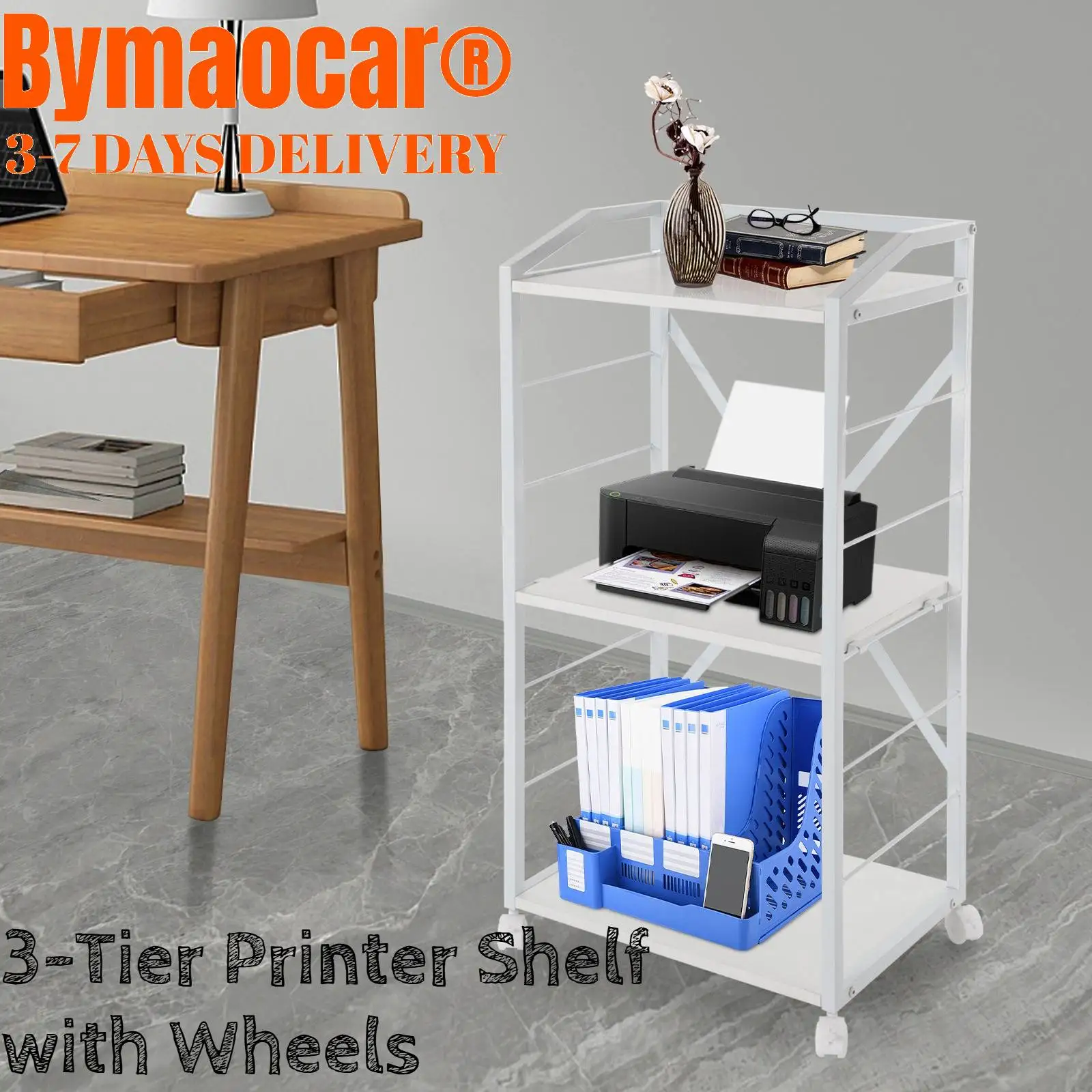 

Mobile Printer Stand, Modern Storage 3-Tier Shelf with Wheels as a kitchen organizer, plant for bedroom, balcony, study, office