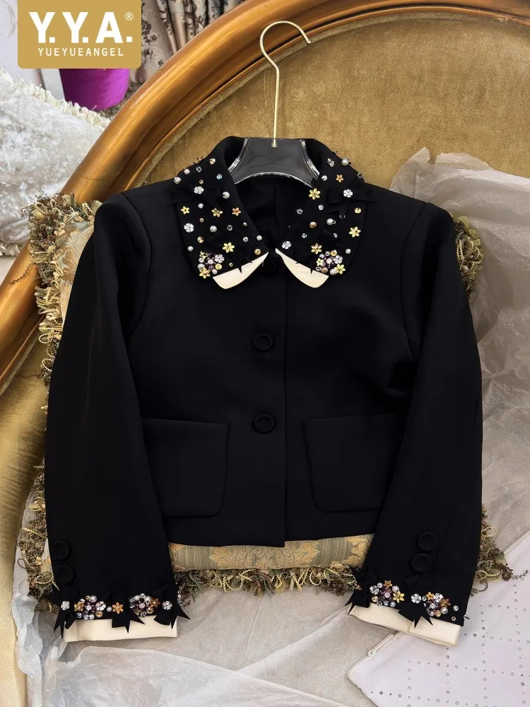 

New Style Autumn Winter Sweet Doll Collar Beading Bowknot Women Jackets Single Breasted Party Coat Elegant Ladies Short Blazers