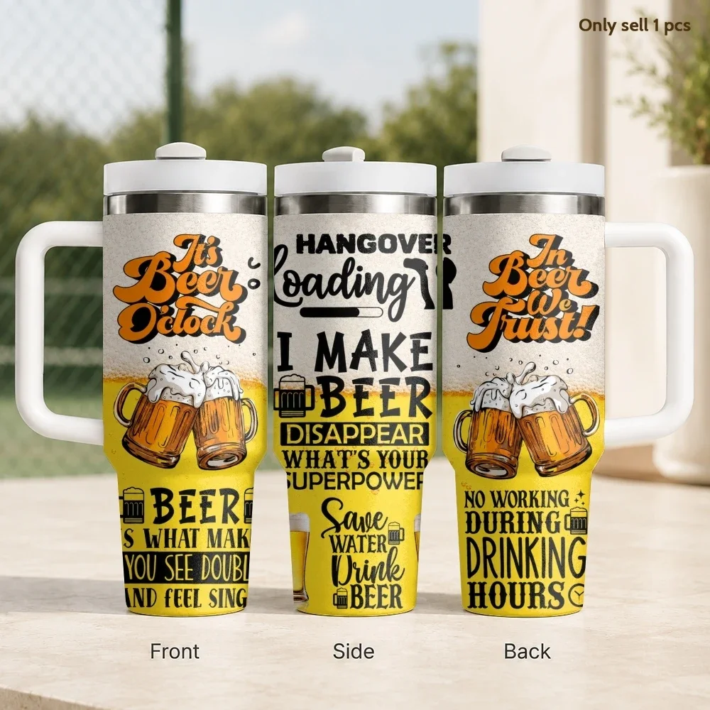 In Beer We Trust Retro Beer Mug Graphic Design  40oz Stainless Steel Insulated Tumbler with Handle & Straw Leakproof Travel Mug
