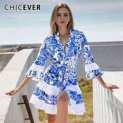CHICEVER Print Mini Dresses For Women Stand Collar High Waist Flare Sleeve Hollow Out Patchwork Lace Up Elegant Dress Female New