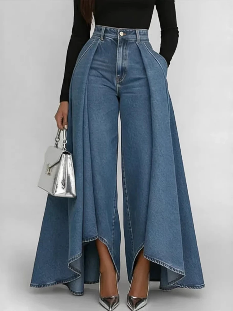 

High Waisted Wide Leg Jeans For Women Asymmetrical Hem Loose Fit Denim Pants Streetwear Fashion With Pockets Casual Trousers