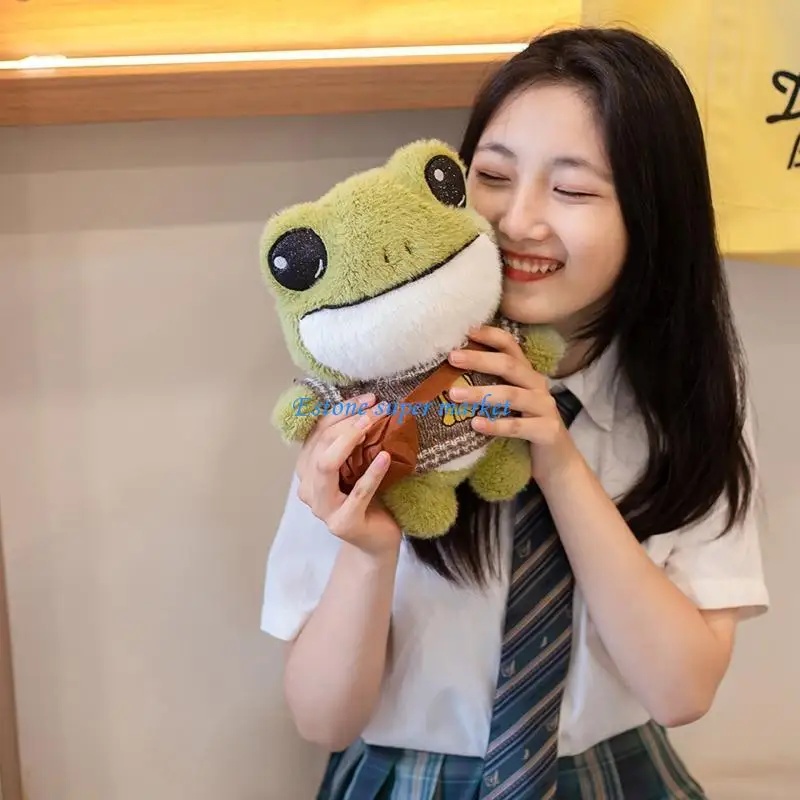 

090B Delicate for Frog for Doll with Soft Sweater Crossbody Room Shop Decorations Cartoon Handmade Stuffed Animal for Frog fo