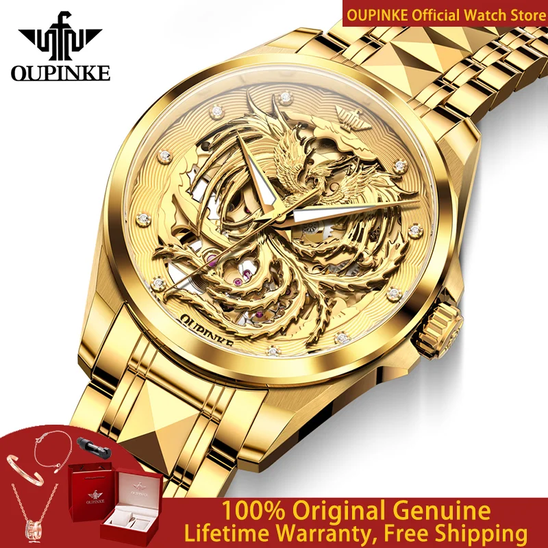 OUPINKE Women Watch Luxury Hollow Gold Phoenix Women Dress Watch Brand Original Japanese Automatic Mechanical Women Watch 3276