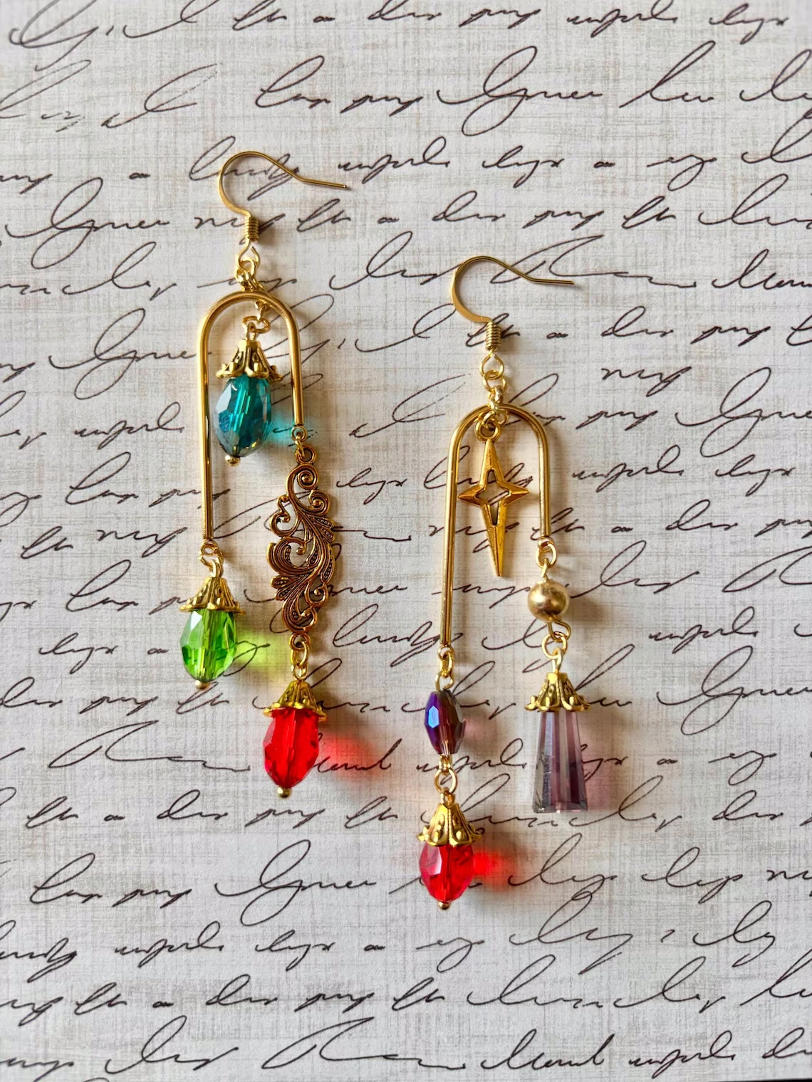 

Based On The wizard Howl Asymmetric Crystal Drop Earrings | Vintage Gold Plated Anime Cosplay Jewelry