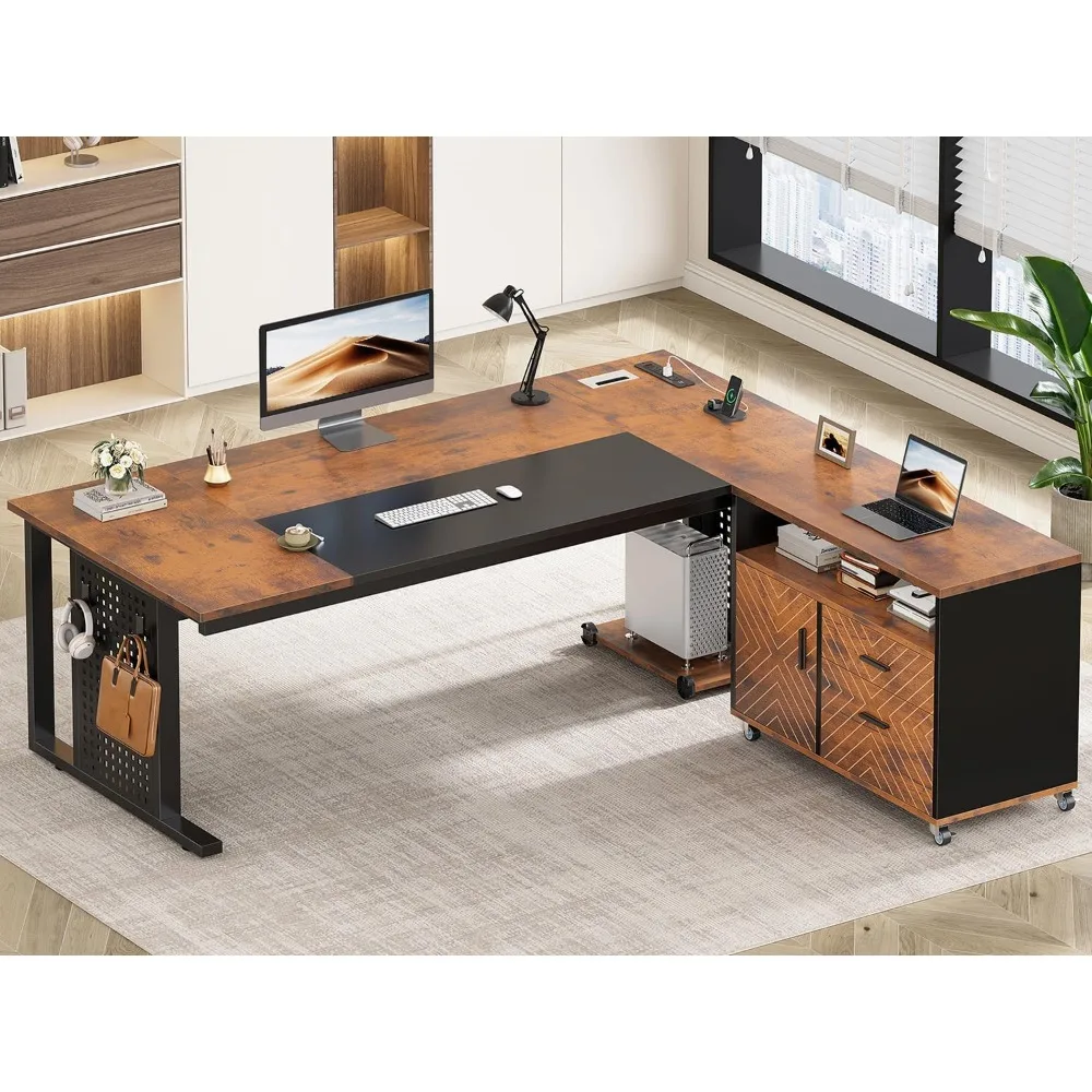 

71 administrative desk with rolling filing cabinet, large desk with drawers, L-shaped computer desk, and power outlet