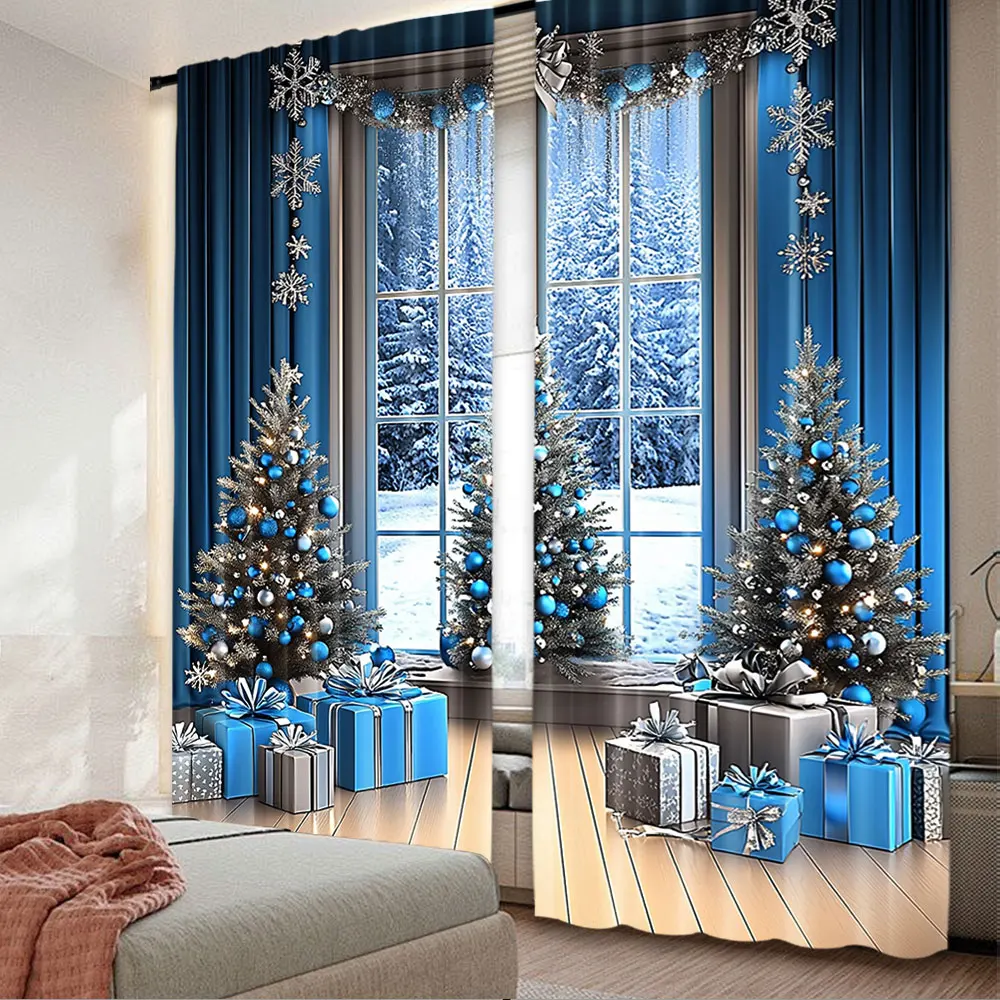 2Pcs Christmas Curtain For Winter Snow Scene Blue Xmas Family Holiday Suitable For Living Room Bedroom And Many Other Occasions