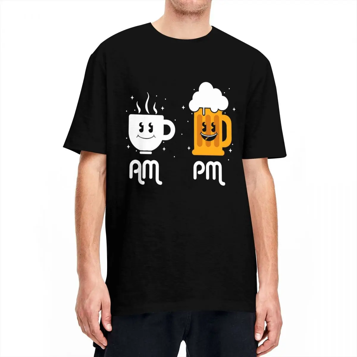 Oversized T Shirt AM PM Morning Coffee Evening Beer Cotton T-Shirts Novelty Tee Shirt for Men Y2K Fun Print Short Sleeve Clothes