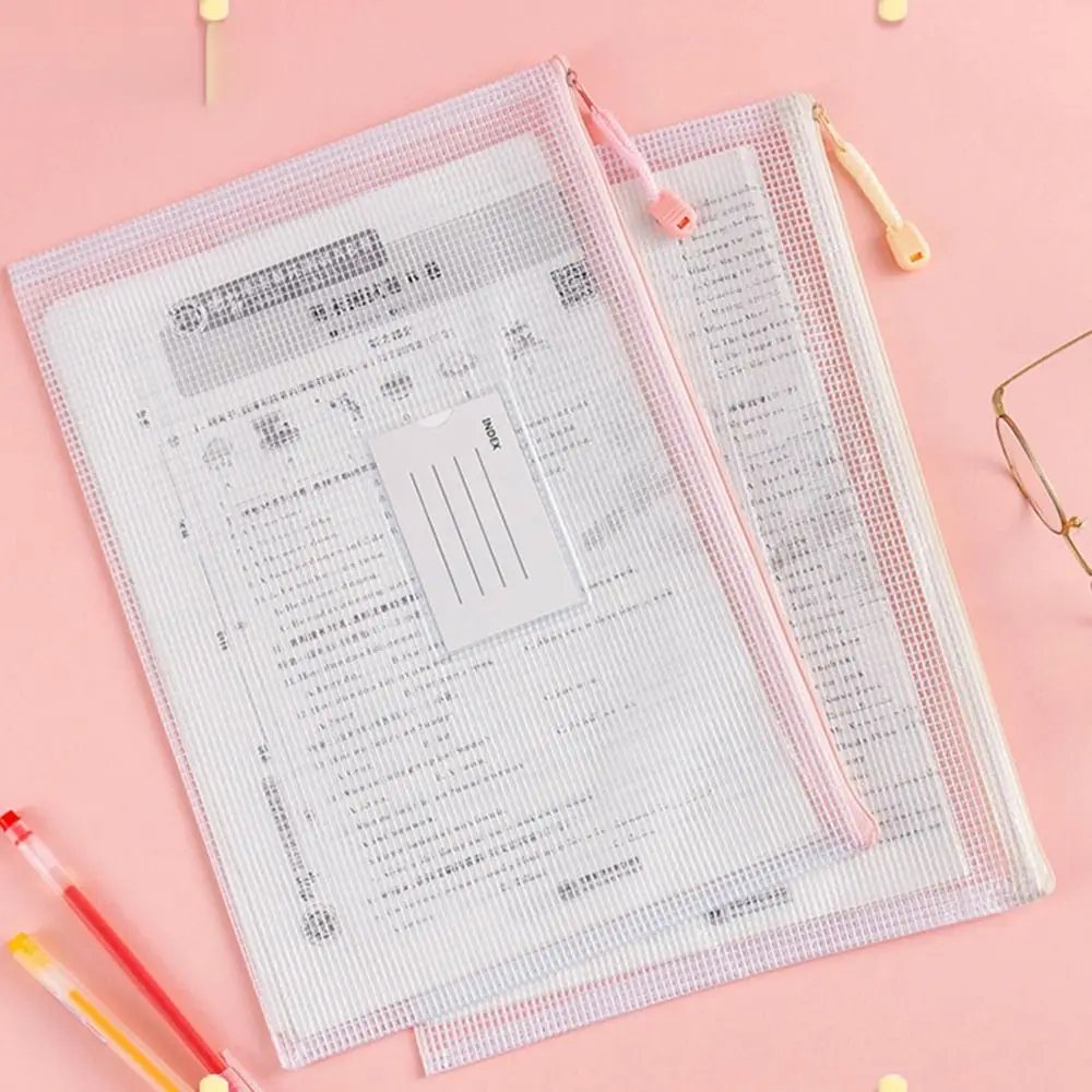 Portable PVC A4 Mesh File Bag Thickened Transparent Document Storage Bag Zipper Large Capacity Information Bag Student