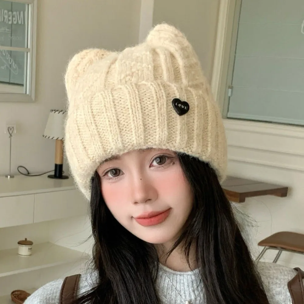 Japanese Style Polyester Knitted Beanie Hat 56cm to 58cm Heart Label Winter Beanie Hat Warm Cat Ear Beanie Casual Daily Use