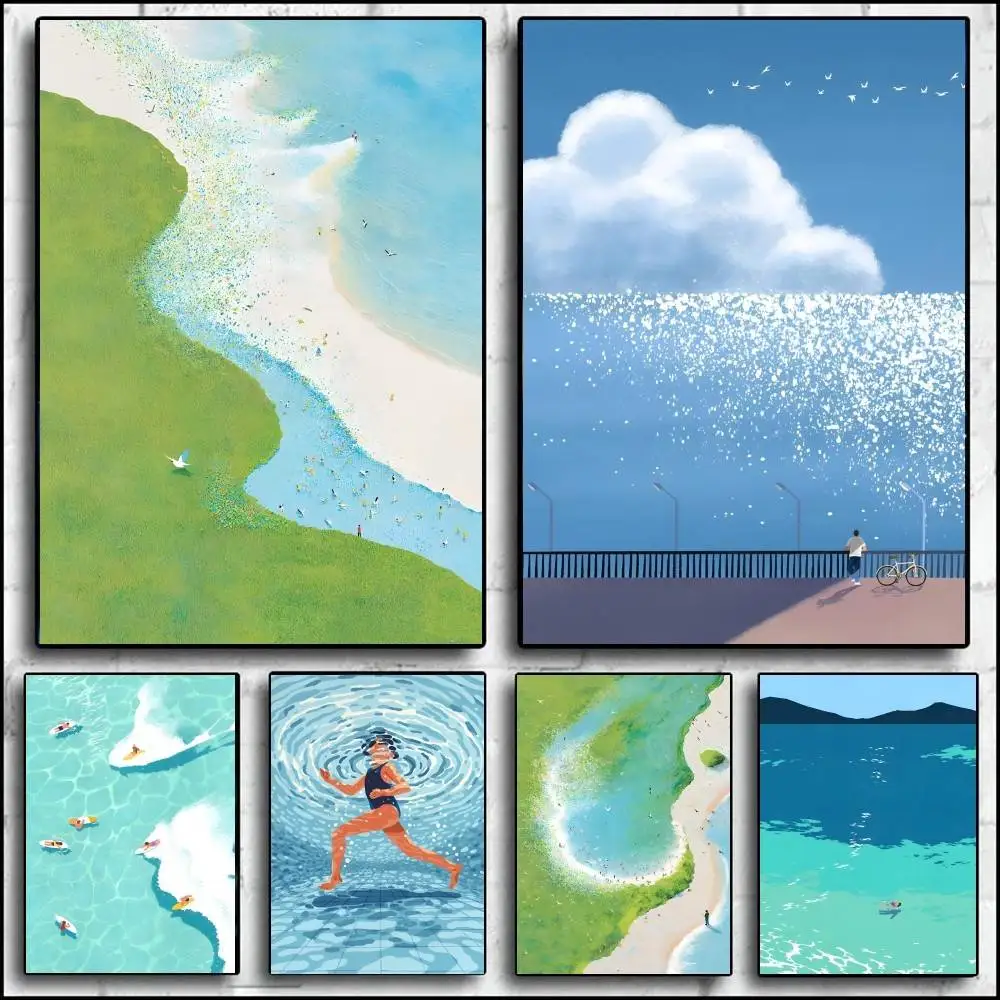 1 Stück Seaside Poster, selbstklebend, Kunst, wasserfest, Papieraufkleber, Kaffeehaus, Bar, Zimmer, Wanddekoration