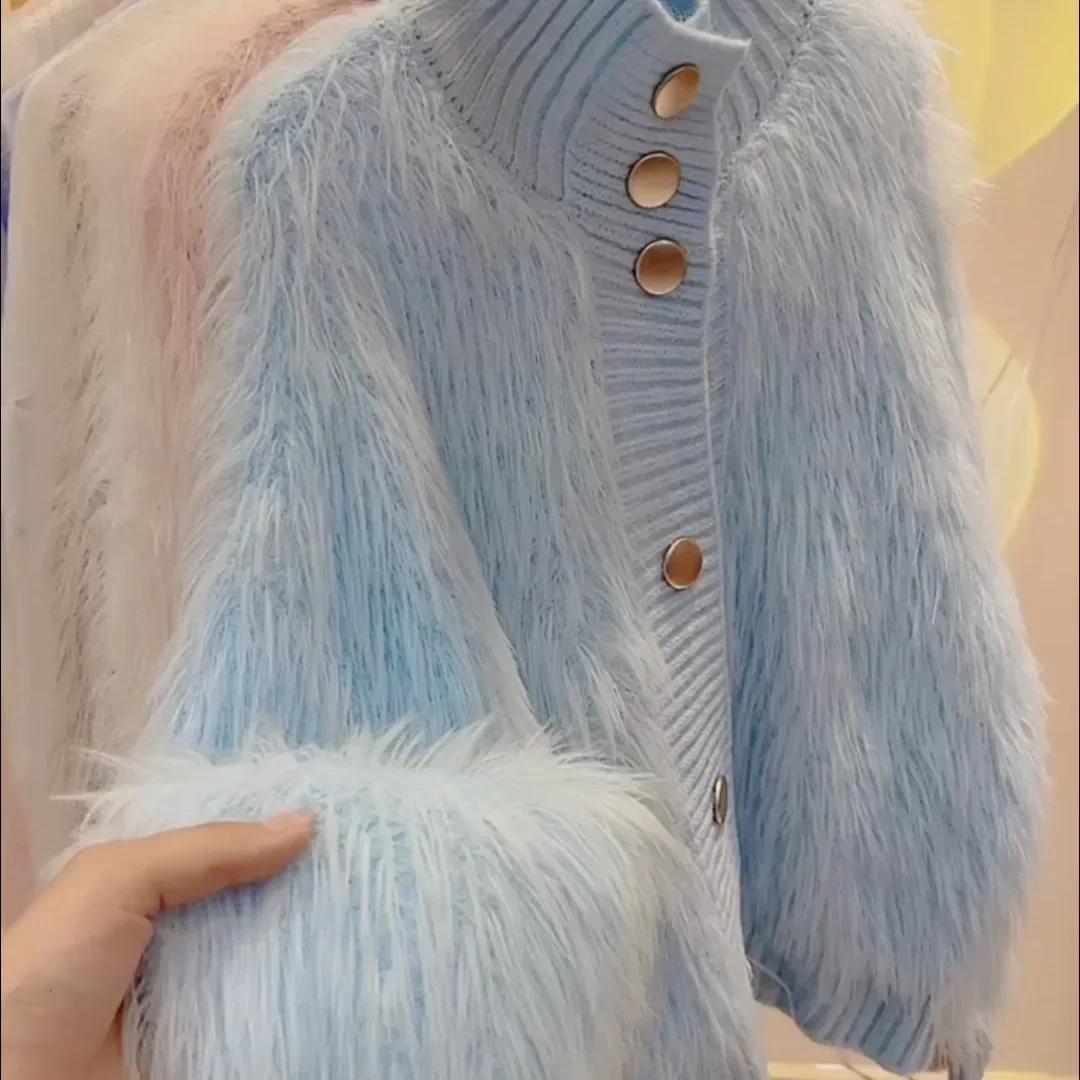 Moda toque francês sem manga botão detalhe elegante camisola de pescoço alto feminino solto ajuste de malha topo chique estilo preguiçoso