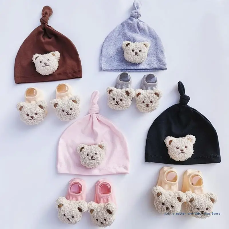 Windproof Hat and Floor Socks Set for Infants Bear Baby Beanie Newborns Knotted Hats Cartoon Toddlers Bonnet