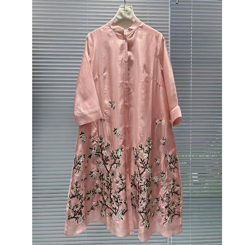 Spring Summer New High end Chinese Style Exclusive Design Stand Collar Floral Embroidered Half Sleeve  Women's Shirt Dress M-XXL