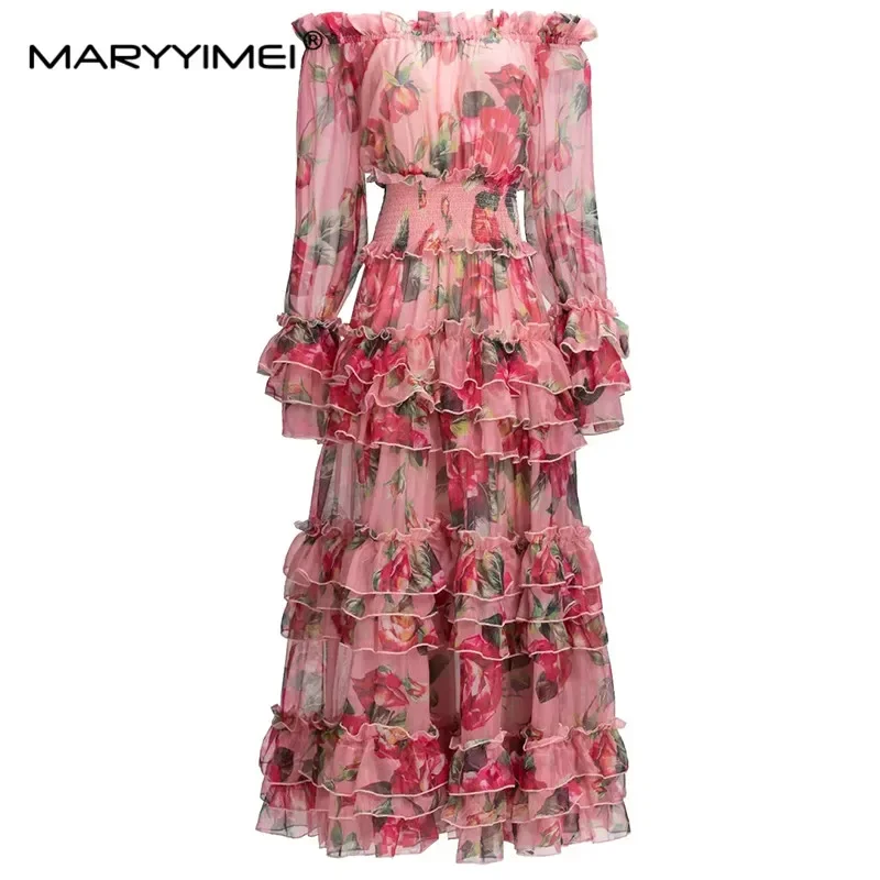 

MARYYIMEI Fashion Runway dress Autumn Women's Dress Sexy Slash neck Elasticity Flower Print Bohemian Vacation Maxi Dresses