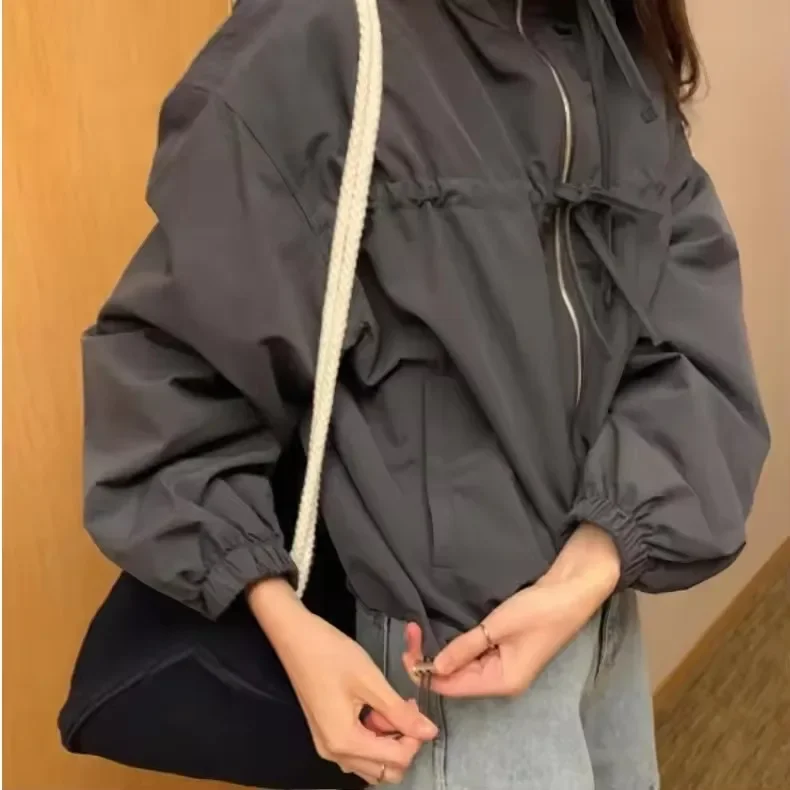 Pop Pop Fashion Casual Early Autumn Women's Short Windbreaker Long Sleeves Jacket Elastic Lightweight Comfortable Student Basic