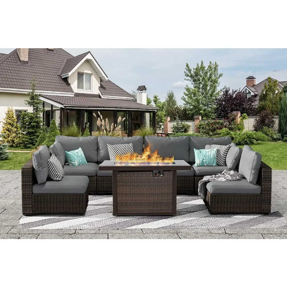 Patio furniture set 7-piece set, patio sofa chair set rattan wicker sofa with fire pit table, non-slip mat, waterproof cover