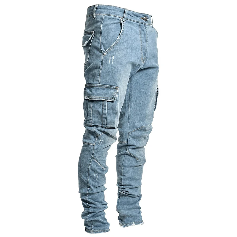 2024 Black Blue Jeans Men Pants Denim Trousers Male Multi Pockets Casual Cargo Pants Pencil Jeans Spring Summer Streetwear