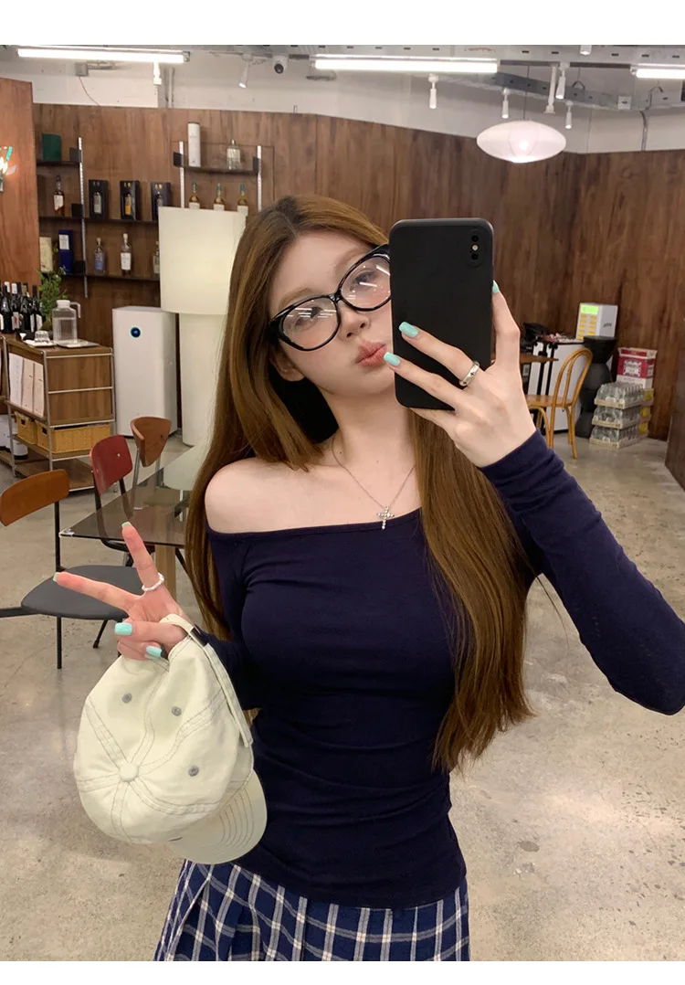Shoulder Of Korean Fashion T-shirts Long Sleeve Autumn Kpop Tops Autumn Sexy Slim Tees Shirts Kawaii Cheap Clothes Woman Tshirts