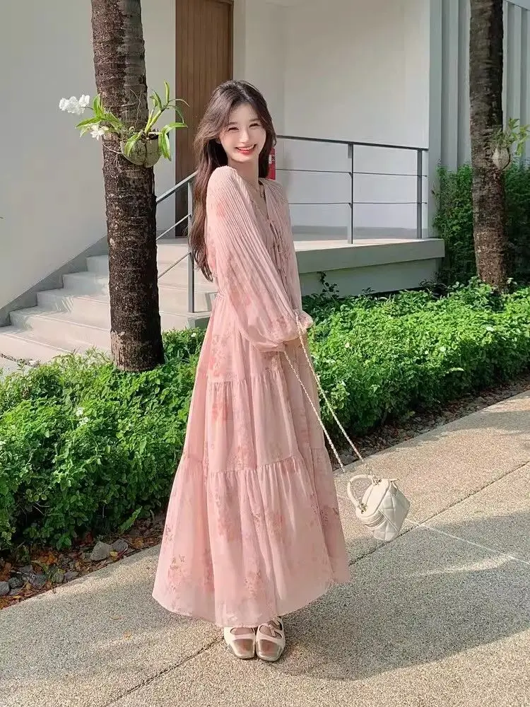 Fashion Flower Lace-up Bohe Party Dress Sexy Deep V-neck Lantern Long Sleeve Beach Dress Women Spring Elegant Swing Long Dresses