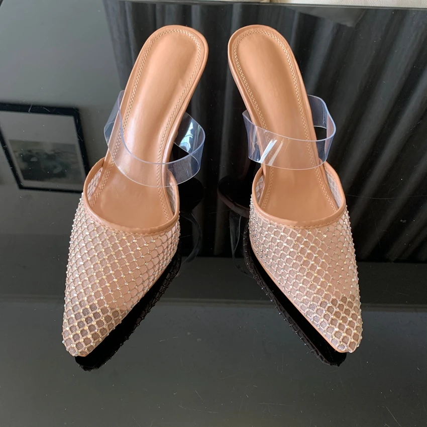 Luxury Woman Sandal Sexy Rhinestones Mesh Pointed Toe Slingback Brand Elegant Party High Heels Shoes for Lady Summer Footwear