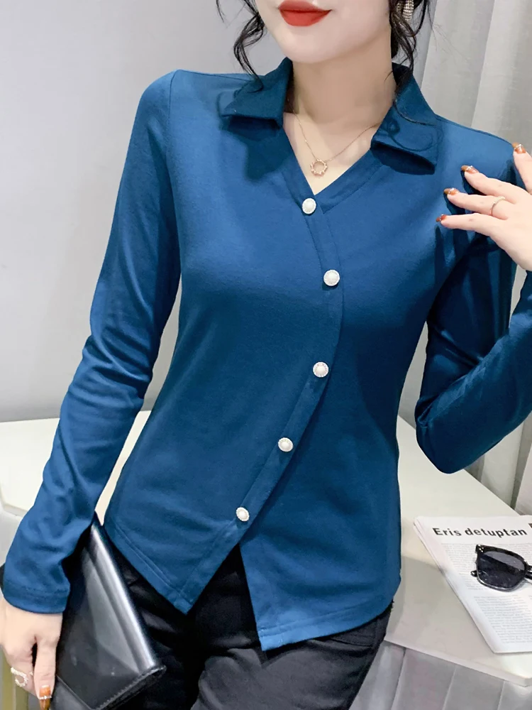 Faionable colarinho base irt feminino primavera outono longo sve assimétrico design camiseta coreano sle commute vento