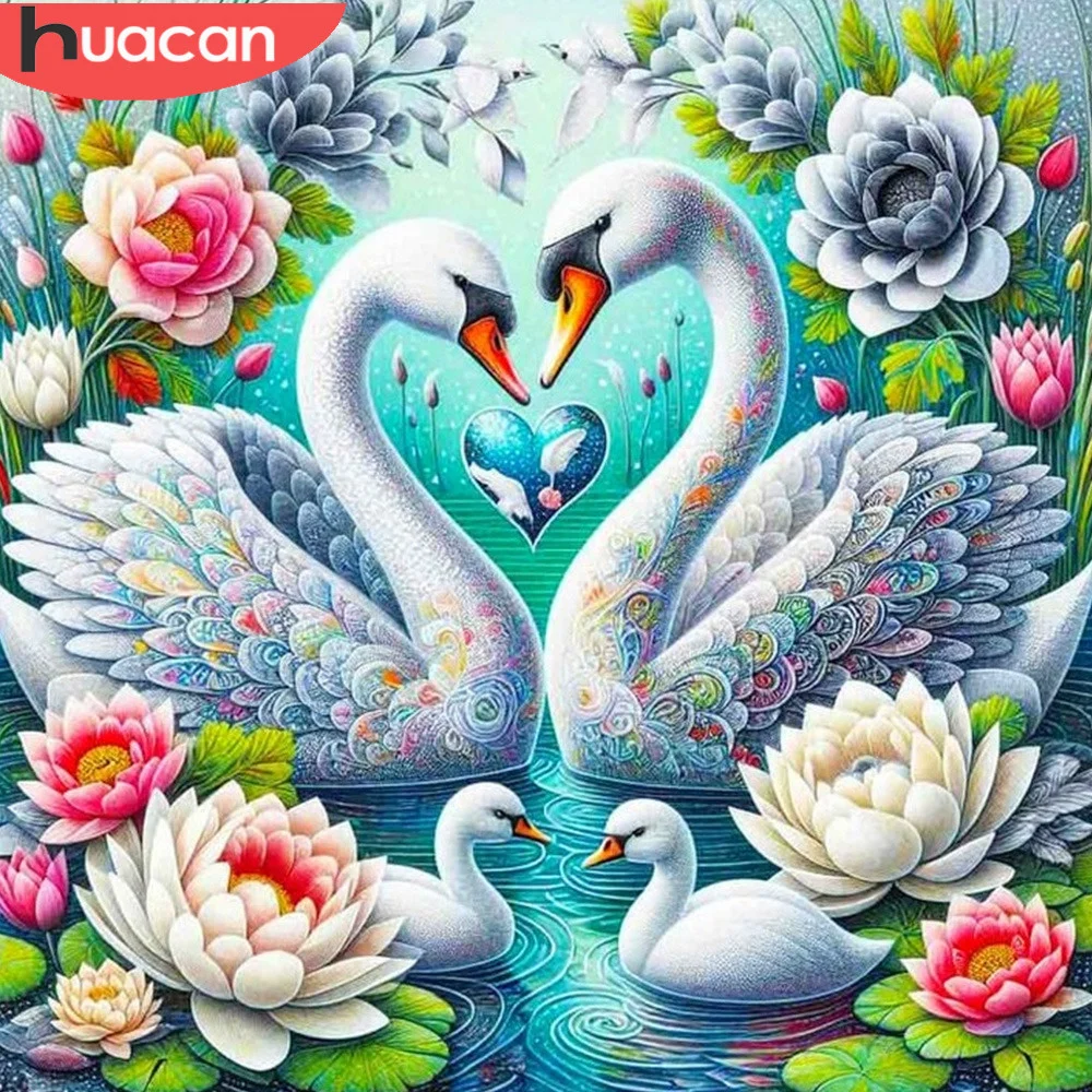 

Алмазная 5D картина HUACAN, мозаика с лебедями, полный круглый набор с животными, цветочное украшение для спальни