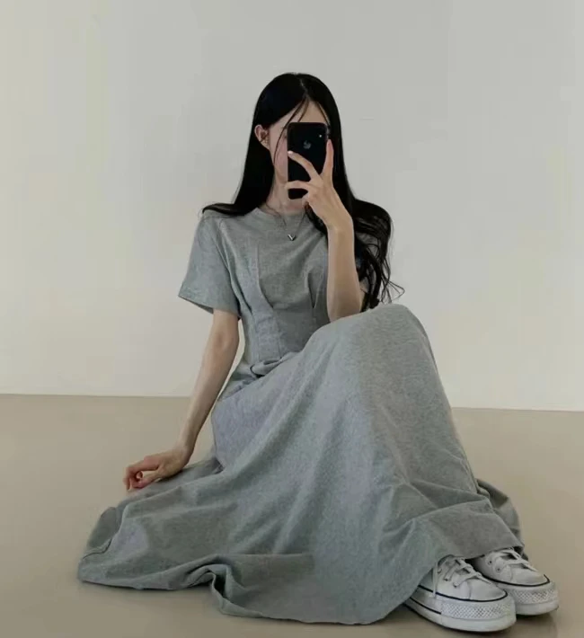 Chic rond Ne T-shirt Dr femme coupe ajustée jupe longue grande balançoire coton printemps été ort Sve trajet Sle Ele