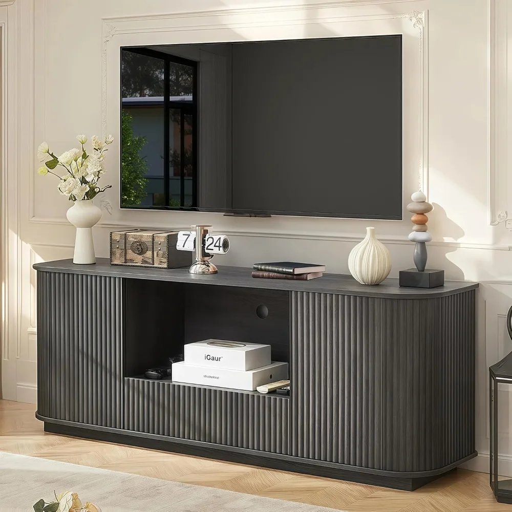 

64" Fluted TV Stand for TVs Up to 75", Mid Century Modern Entertainment Center with Open Shelf and Drawer, Curved Profile Design