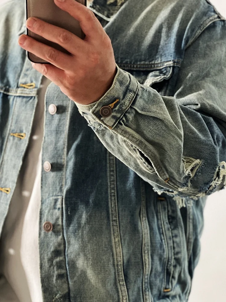Vintage Distressed Patchwork Heavy Red Ear Denim Jacket Youth Vitality Style Cotton Long Sleeve Flip Collar Single Button - view 4