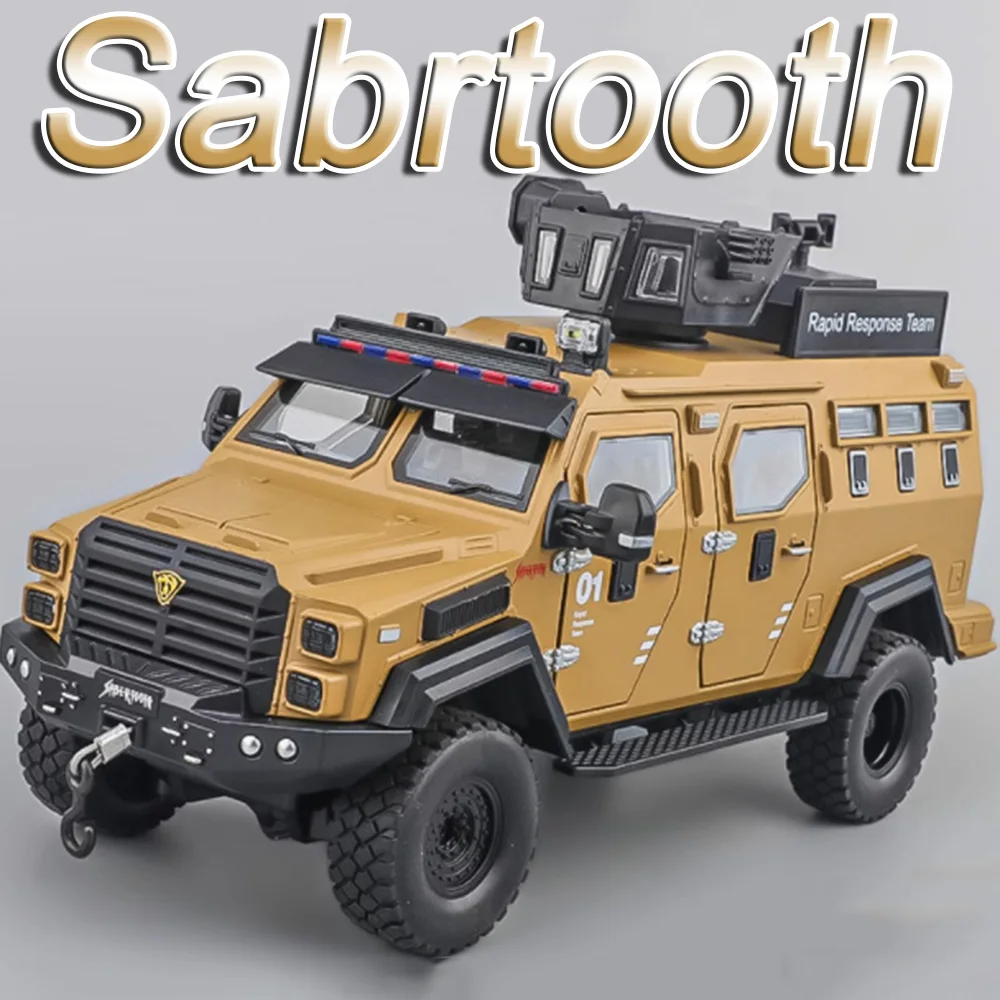 

1:24 Model Sword Toothed Tiger Armored Toy Cars Alloy Diecast Police Cars Sound Light Doors Opened Military Vehicles Kids Gifts