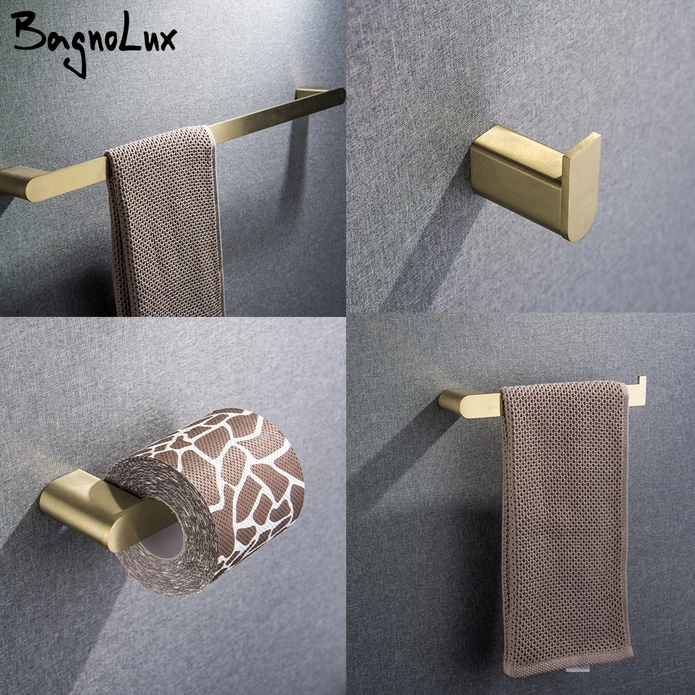 Brushed Gold Stainless Steel  Wall Mounted Hand Towel Bar Toilet Paper Holder Robe Towel Hooks Bathroom Accessories Kit