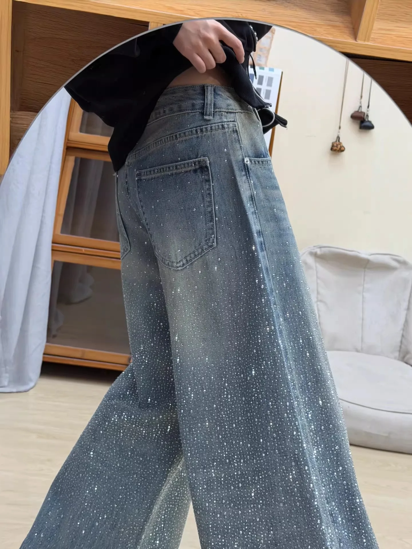 Blue Sequin Wide Leg Pants Women's Winter Fleece Denim High Waist Loose Slimming Straight Cut Jeans Retro Style Warm Casual
