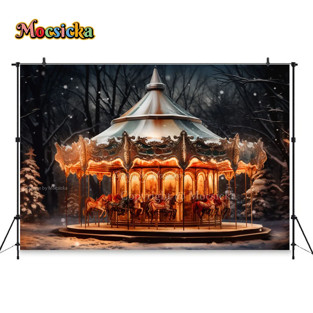 Christmas Carousel Backdrop Photography Prop Winter New Year\'s Eve Snow Forest Background Banner Girl Baby Portrait Photo Studio