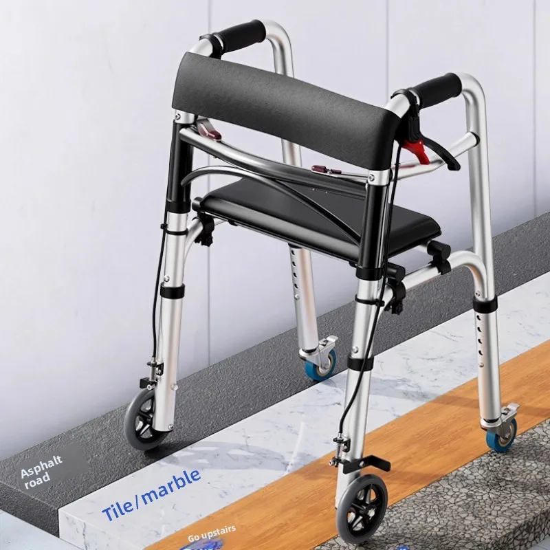 Rollator Walker with Seat Foldable Mobility Aid Four Wheel Walking Support Leather Backrest for Elderly Outdoor Use