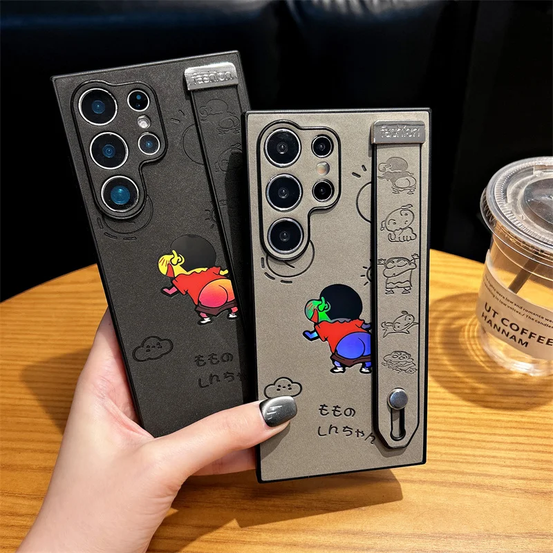 

Anime Cute Crayon Shin-chan Butt Laser Leather Phone Case for Samsung S25 S24 S23 22 25 Ultra Plus Shin-chan Wrist strap Holder