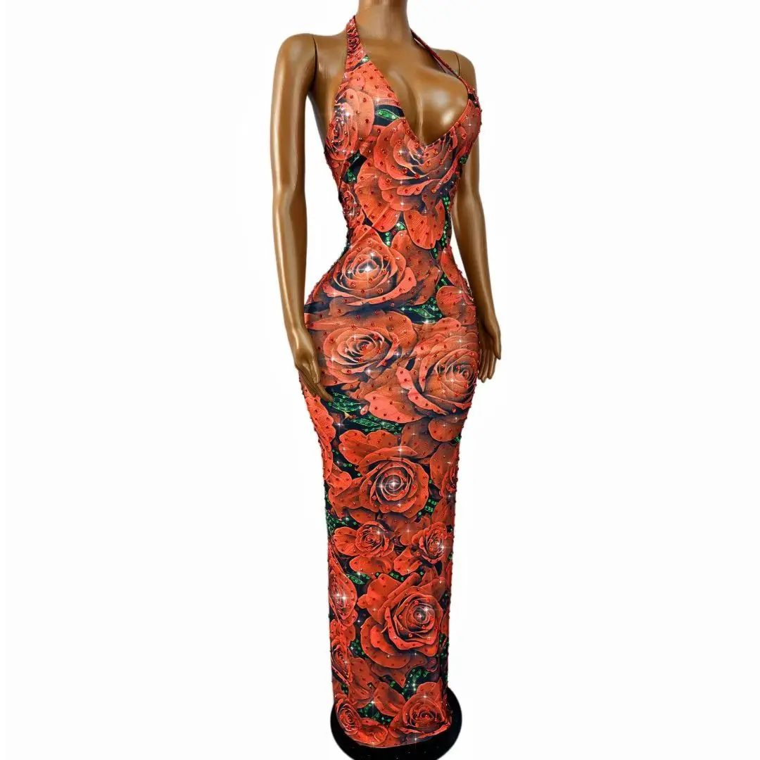 Meiguihuaban Sparkly Red Rose Floral Printed Rhinestone Mermaid Gown Halter Deep V Neck Birthday Photoshoot Outfit